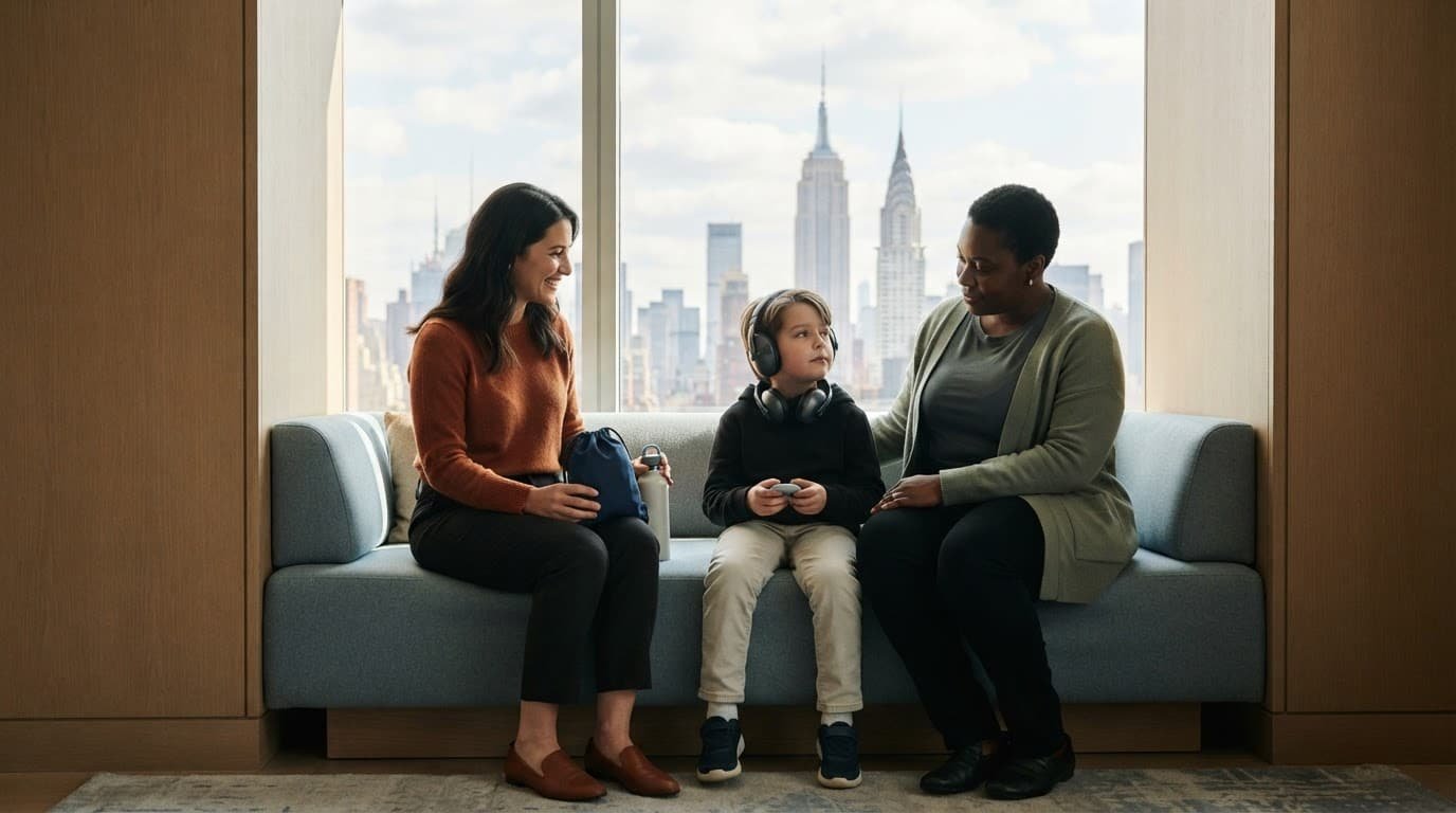 Autism-Friendly NYC Family Vacation Guide for a Calmer Trip A child, parent, and caregiver relax on a bench beside a sensory bag and city view.
