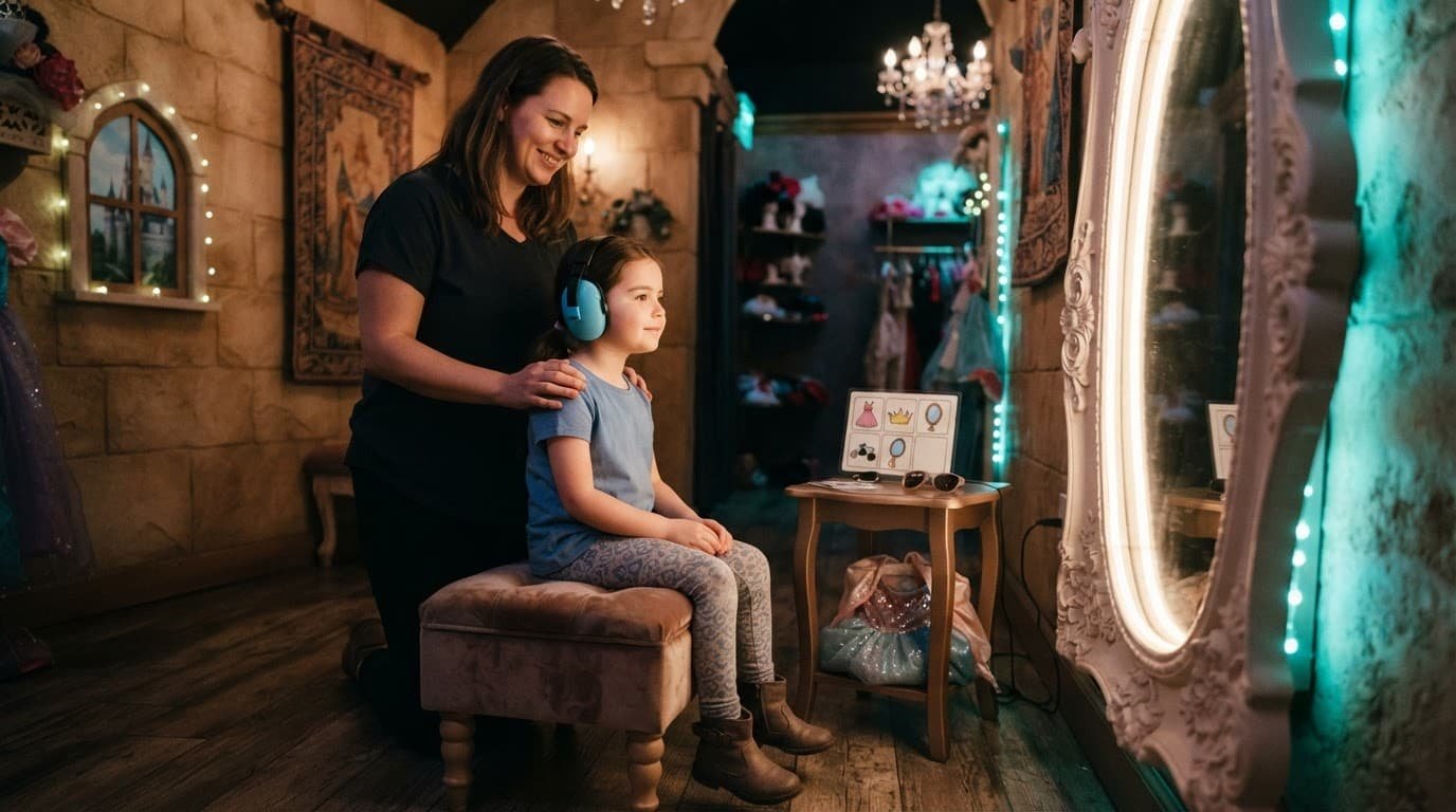 A child looks in a mirror while a parent waits nearby with sensory supports.