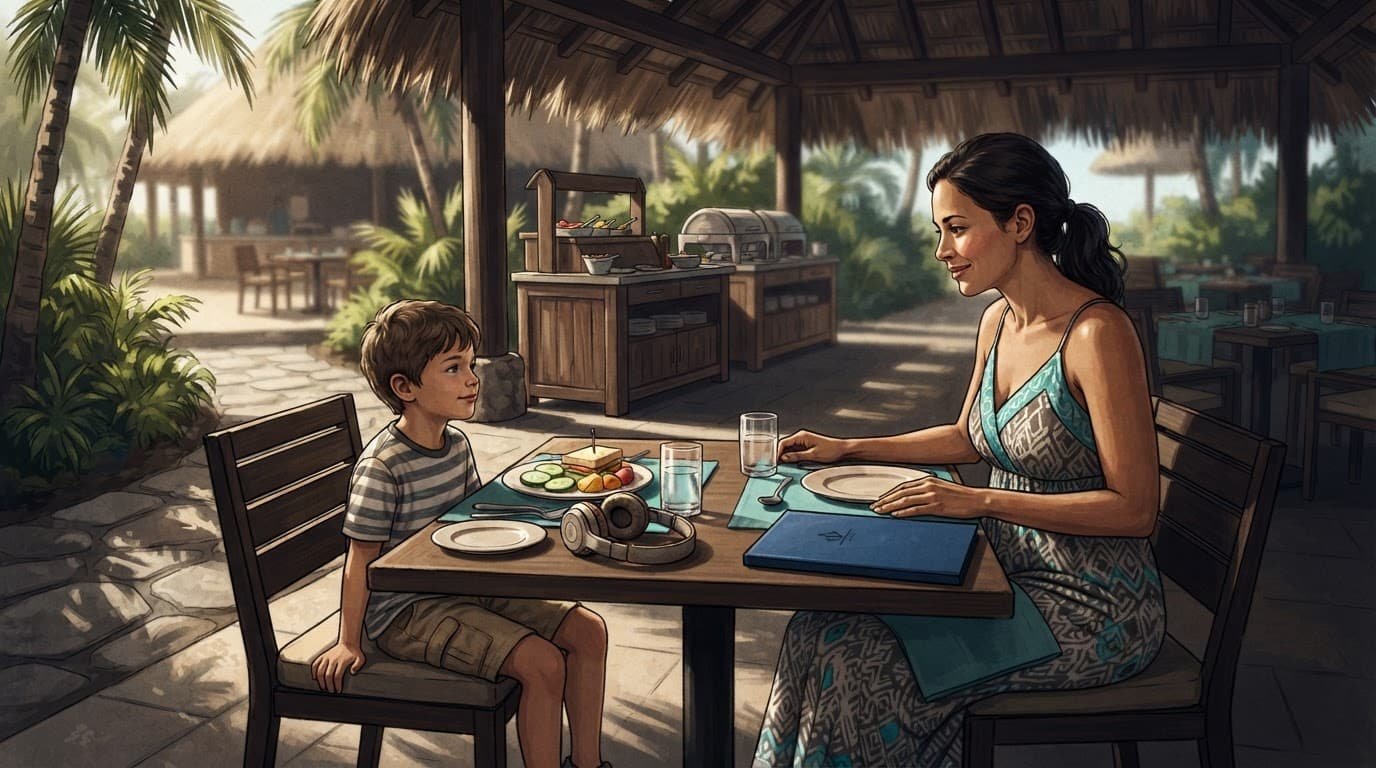 Parent and child dining calmly with headphones and a closed planning folder nearby.