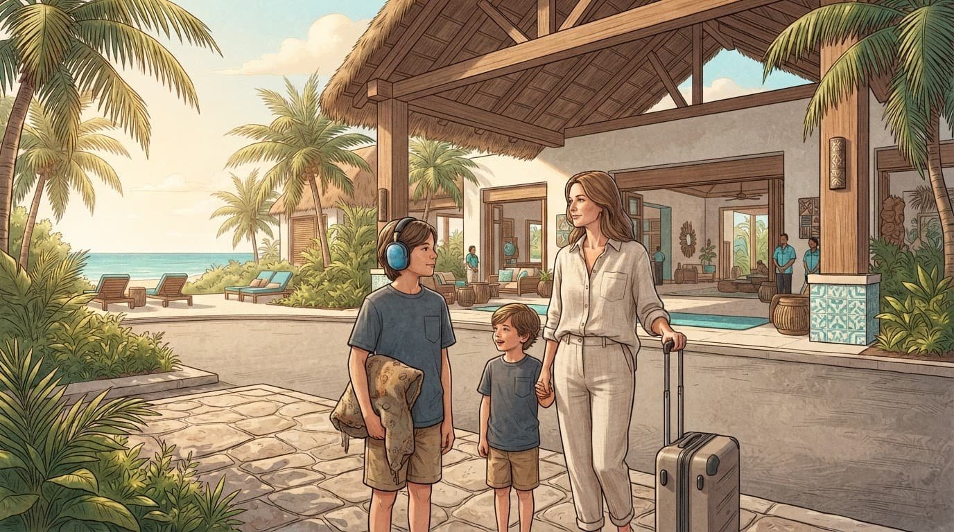 A parent and two children arrive at a shaded tropical resort, with one child wearing headphones.