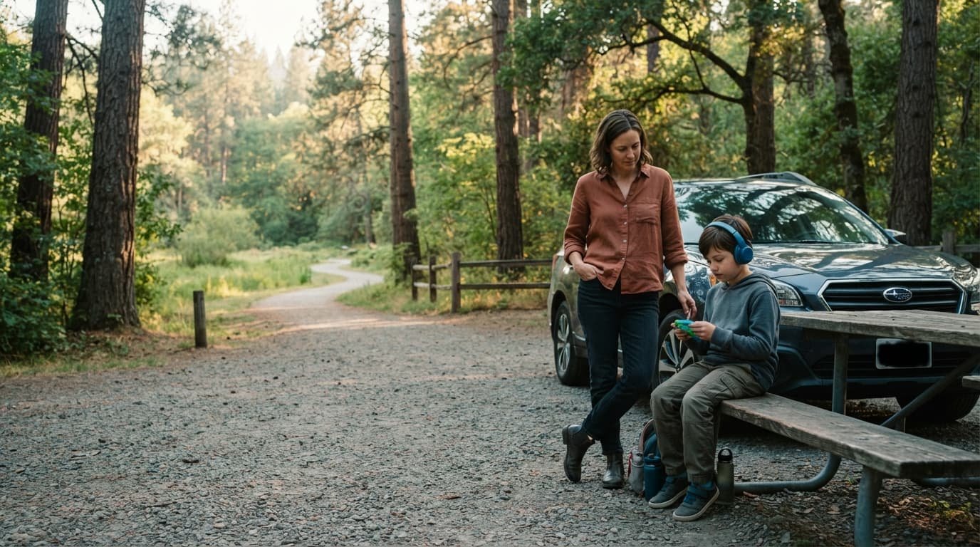 A child with headphones takes a quiet break beside a car while a parent offers support.