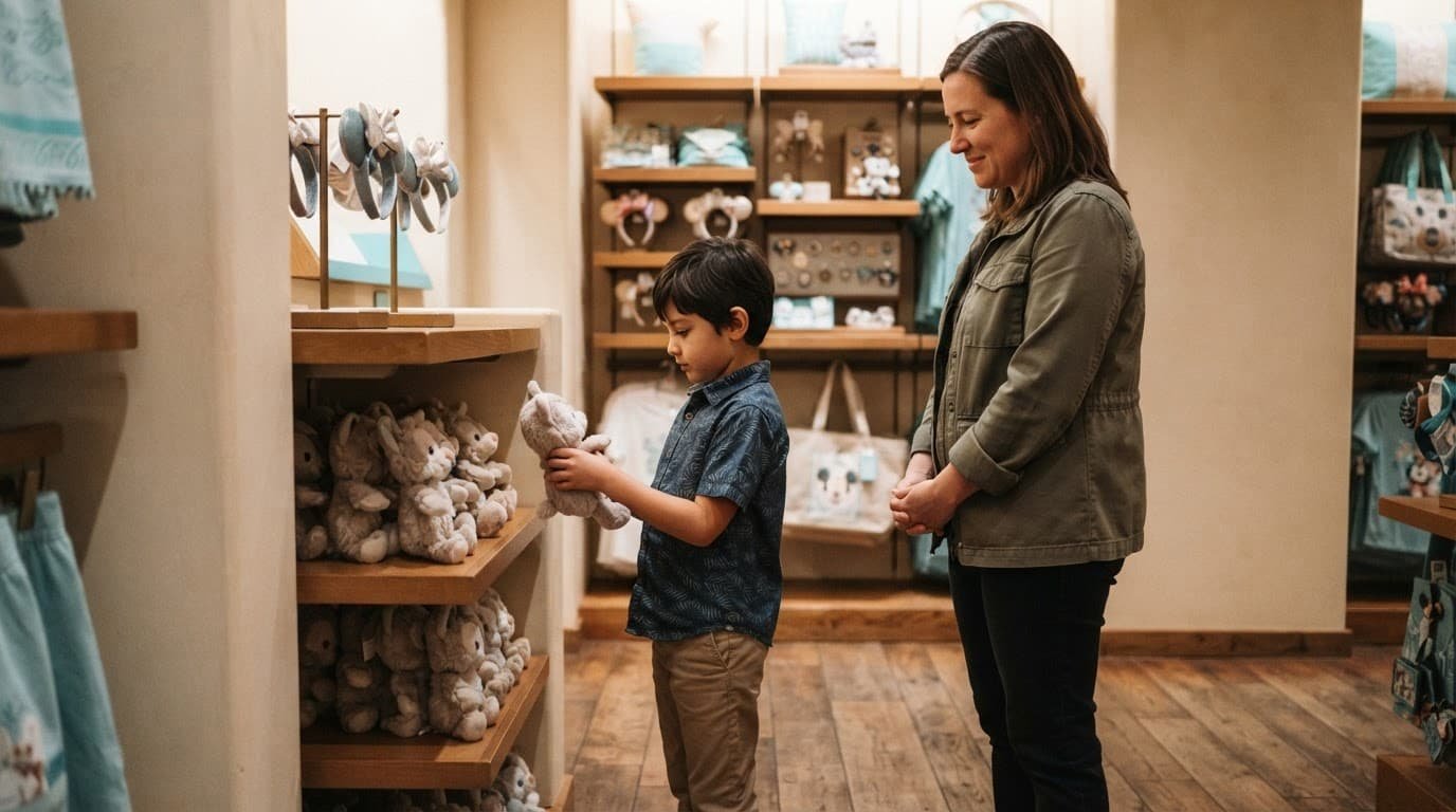 Disney World Souvenir Shopping Without Overwhelm A child chooses a plush toy while a caregiver waits beside a tidy souvenir display.