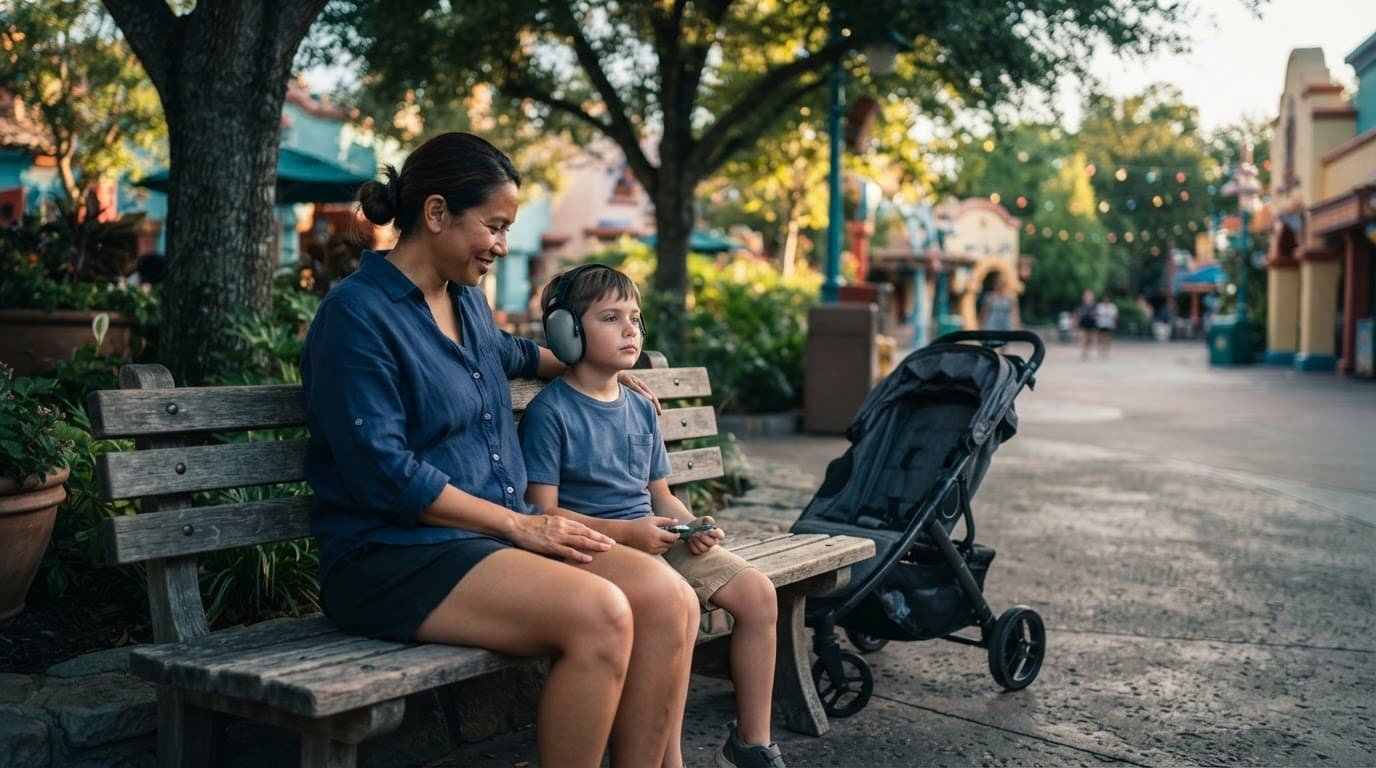 A parent and child resting together on a shaded bench near a theme park walkway.