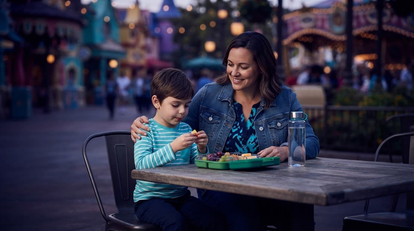 Disney World Autism Planning for Selective Eaters A parent and child share a calm snack break at a colorful theme park table.