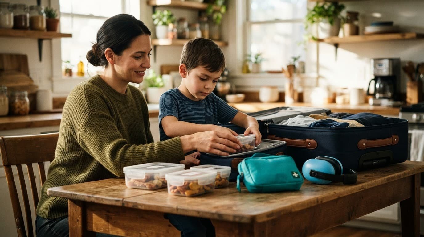 Parent and child organize allergy-safe food and travel supplies beside a suitcase.