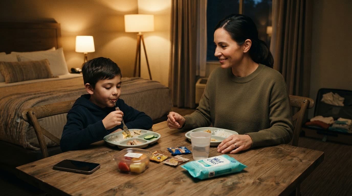 A parent and child share a calm meal with separated foods in a warmly lit rental dining area.