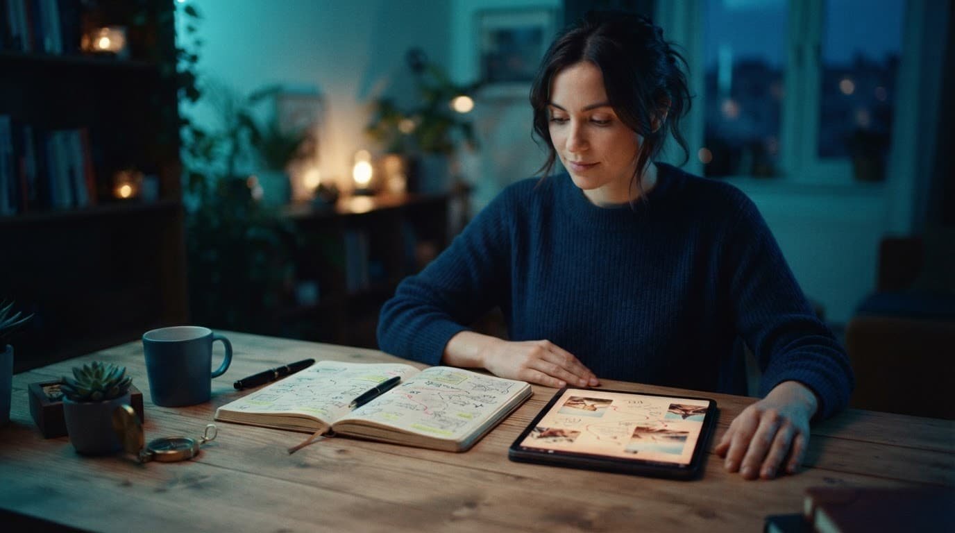 How to Plan a Split-Stay Disney Autism Vacation A travel planner and glowing tablet sit on a desk beside relaxed hands.