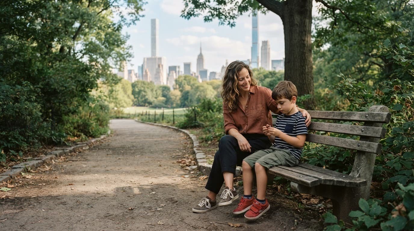 Autism-Friendly NYC Family Vacation Guide for a Calmer Trip A parent and child walk together on a quiet, tree-lined Central Park path.