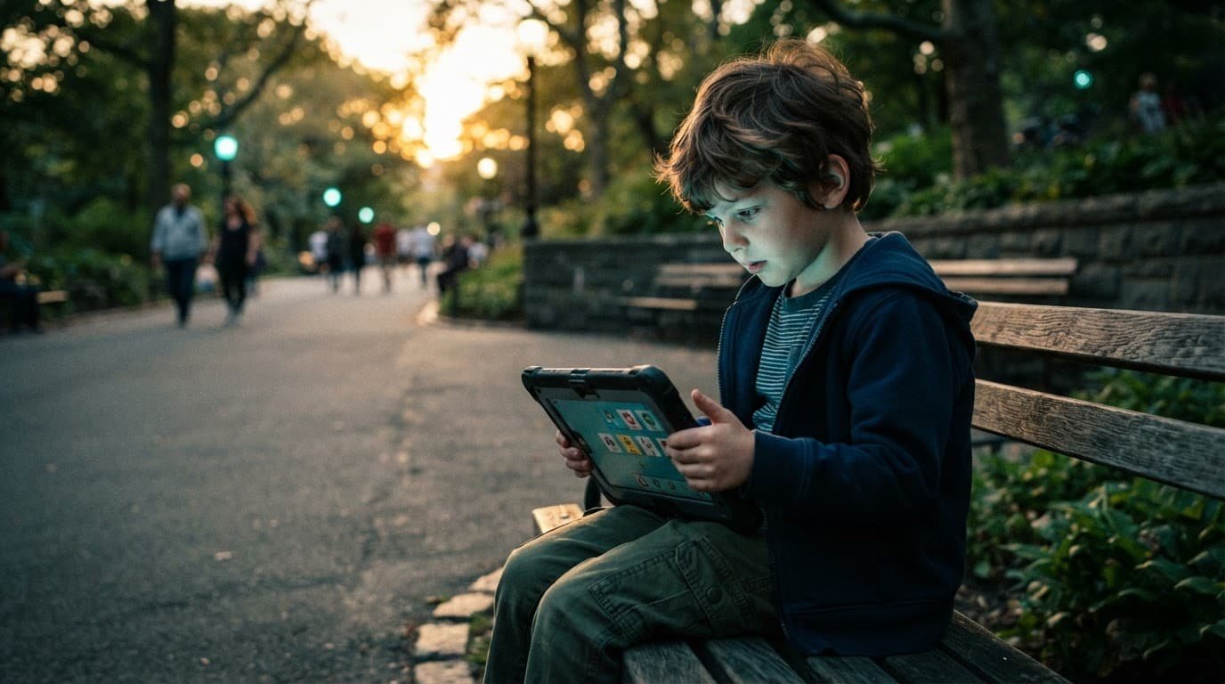 Disney World Autism Communication for Non-Speaking Kids A child uses a communication tablet beside a theme park path.
