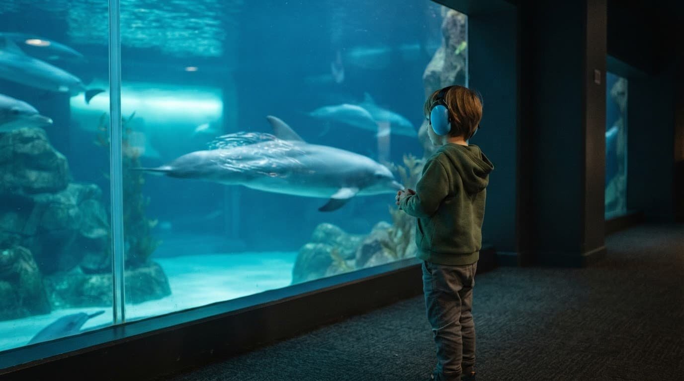 SeaWorld Orlando Autism Guide for First-Time Families Child in headphones watching dolphins through a large aquarium window.