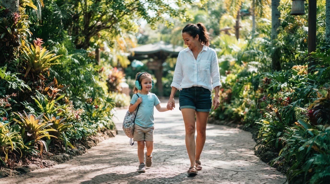 Disney World Autism Communication Plans That Work A child in headphones walks with a parent along a sunny tropical pathway.
