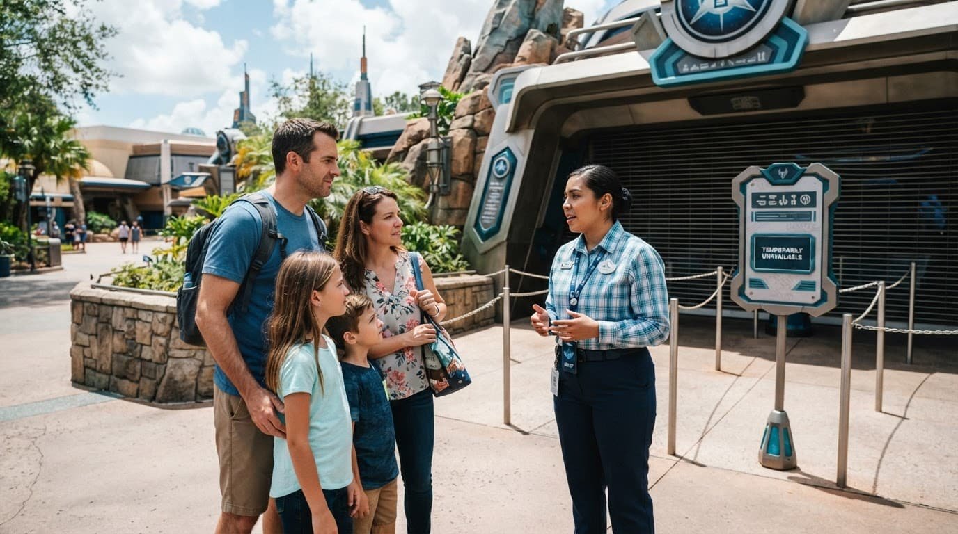 A family speaks with a cast member outside a closed theme park attraction.
