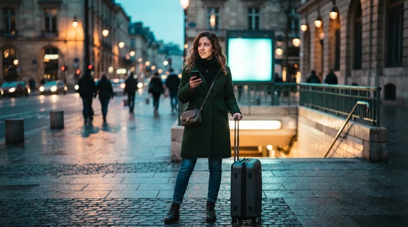 Traveler checking a phone beside a suitcase at a bright city transit entrance.