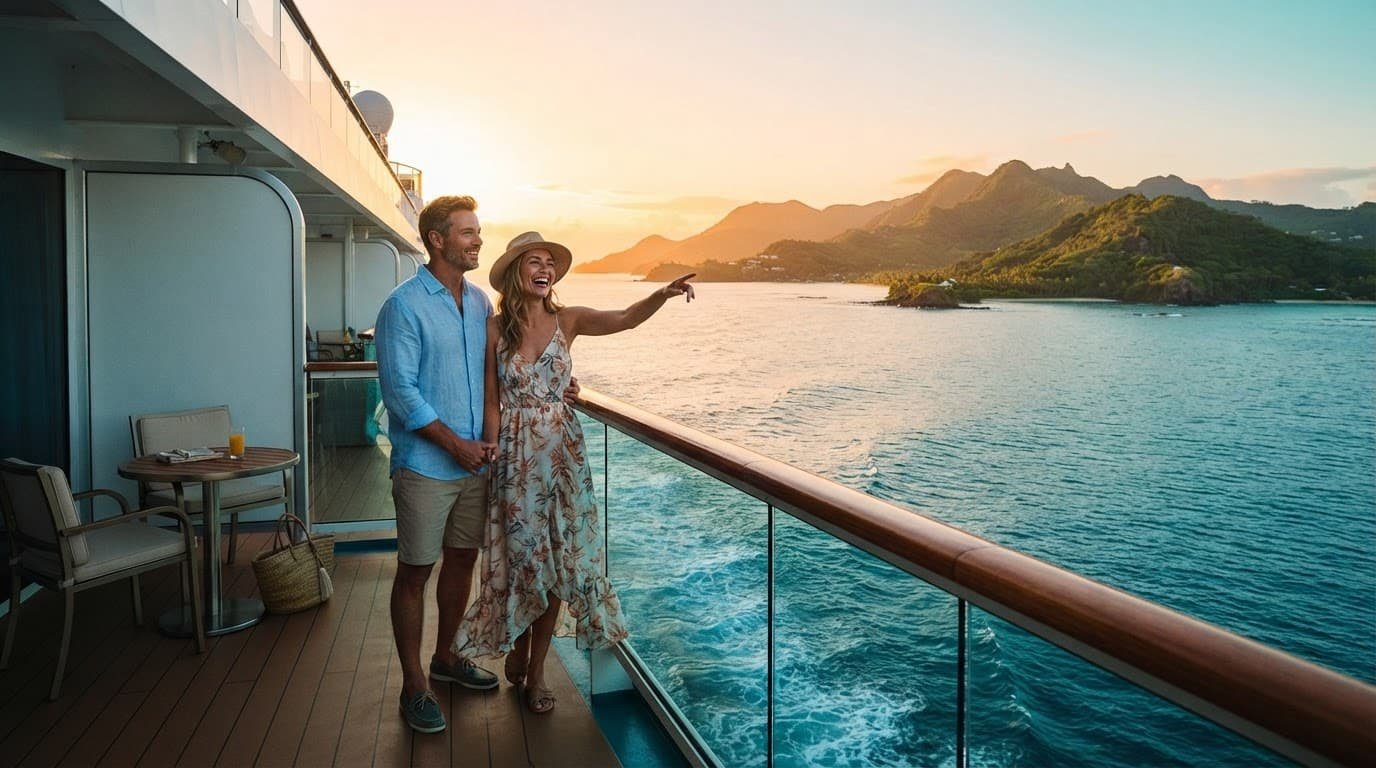 All Inclusive vs Cruise: A Stress-Free Honeymoon Choice Newlywed couple on a cruise deck overlooking a tropical island at sunrise.