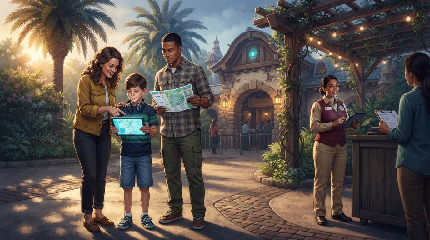 A child and two caregivers review an attraction plan near an accessibility service counter.