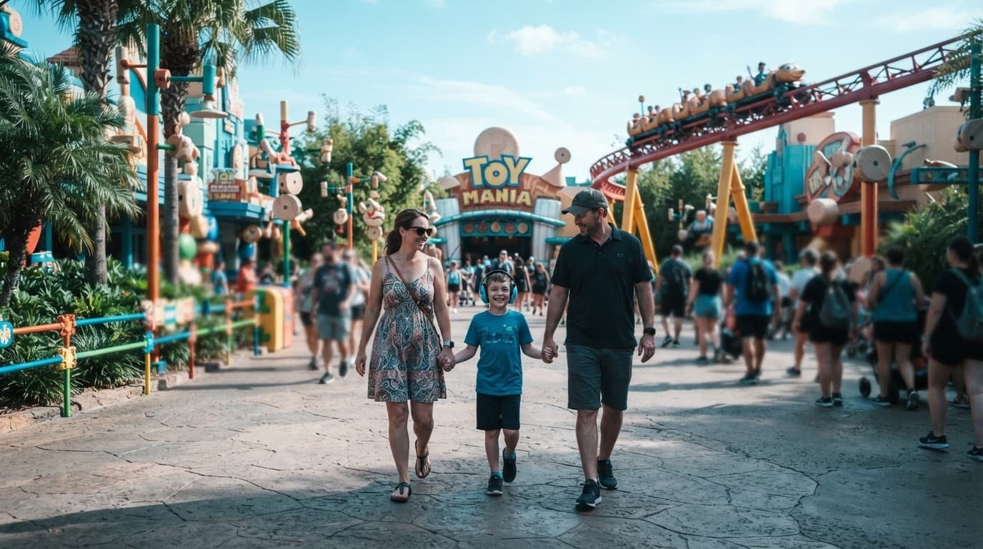 Hollywood Studios Autistic Kids: A Calmer Park Day Three family members walking through Hollywood Studios on a bright day.