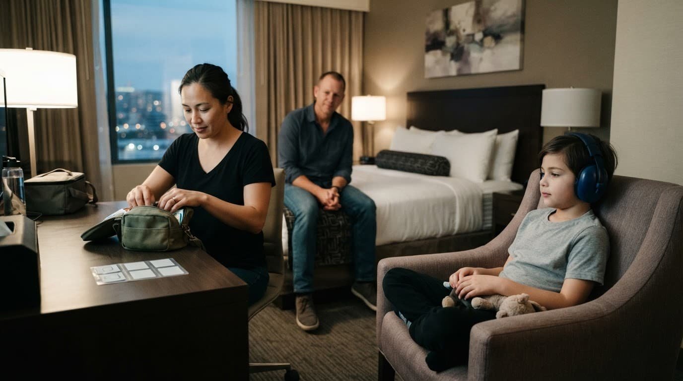 A family rests in a hotel room while a child wears headphones and a parent packs a sensory bag.