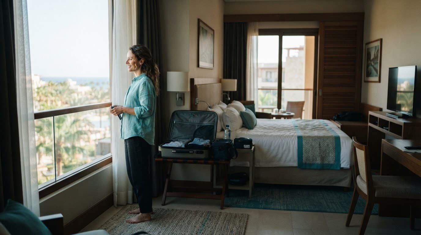 A hotel room with luggage, morning light, and one person preparing for travel.
