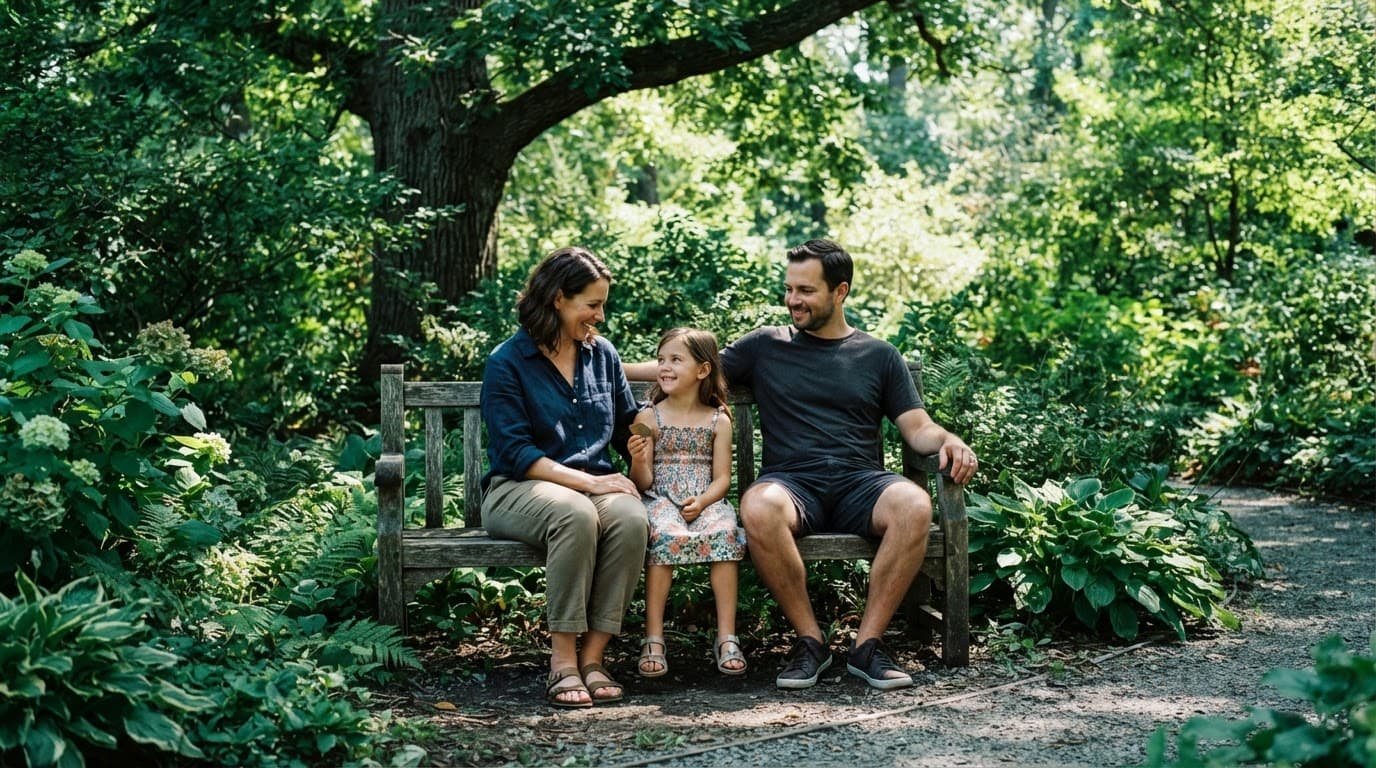 Disney California Adventure Autism: First Visit Guide Three people relax together on a shaded bench surrounded by green foliage.
