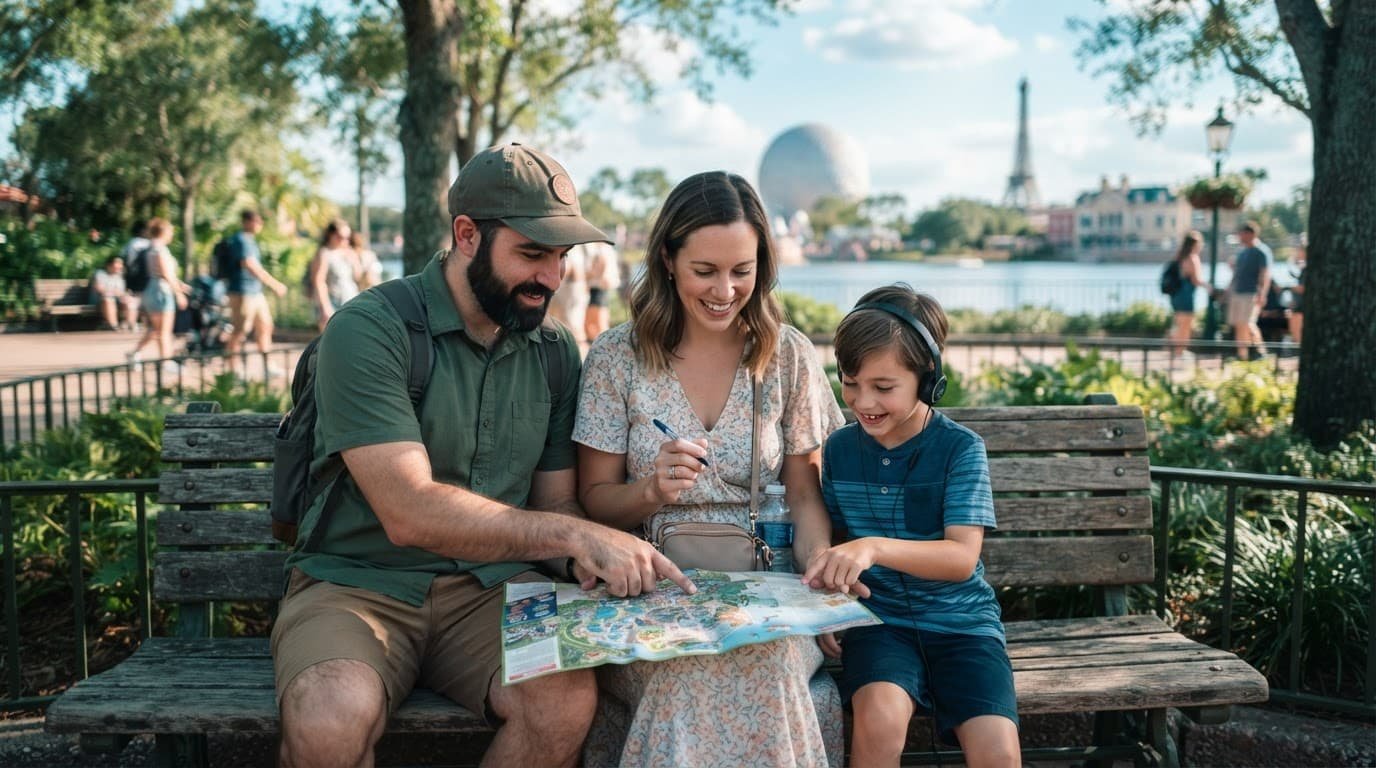EPCOT Autism Guide for a Calmer First Disney Day Three family members plan a vacation on a sunny bench near a theme park.