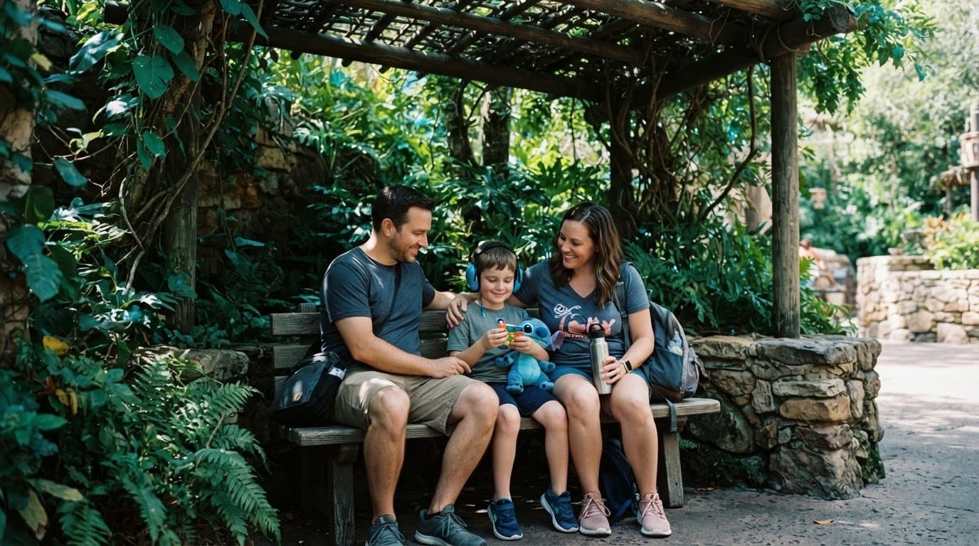 A family of three rests together in a shaded theme park area.