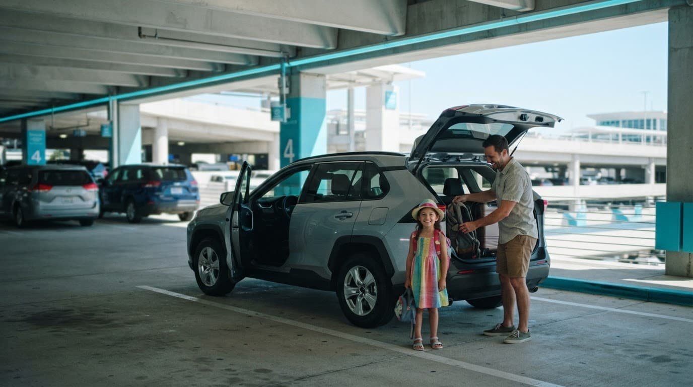 Two adults and a child stand beside a rental car in an airport garage.