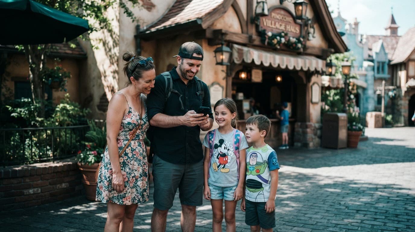 Disney World Mobile Order Guide for Autism Families A family reviews a smartphone app outside a quick-service restaurant.
