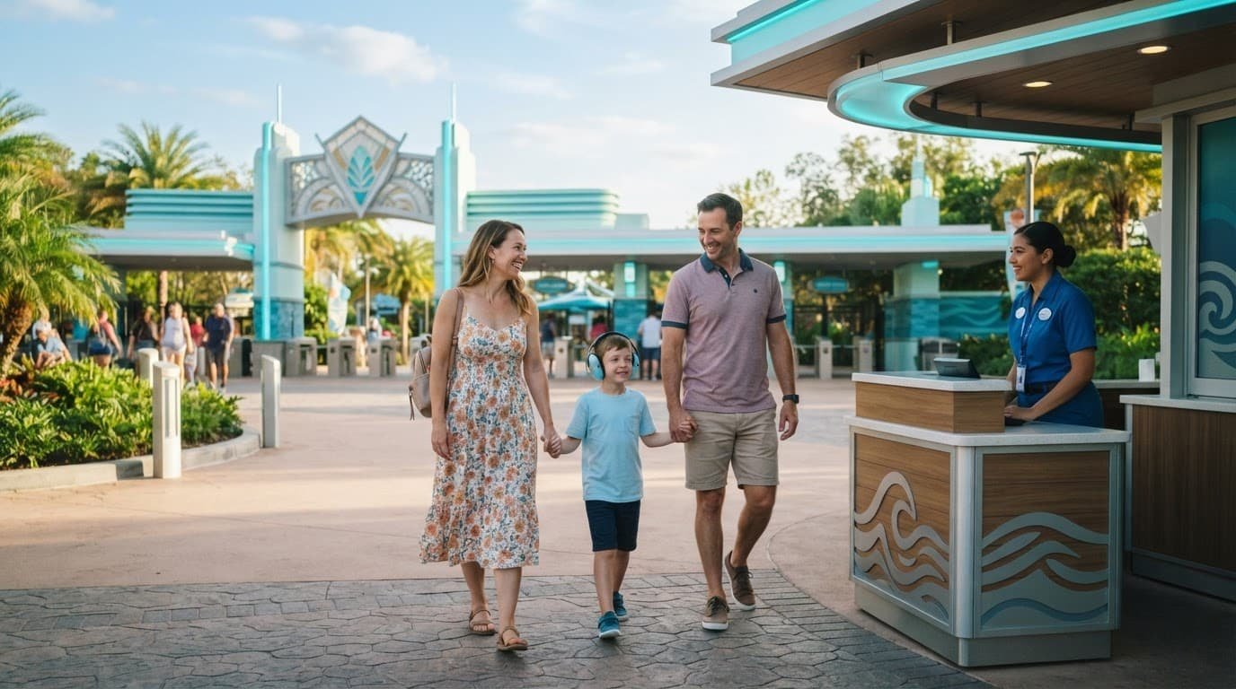 SeaWorld Orlando Autism Guide for First-Time Families Two adults and a child arrive together at a bright, welcoming theme park entrance.