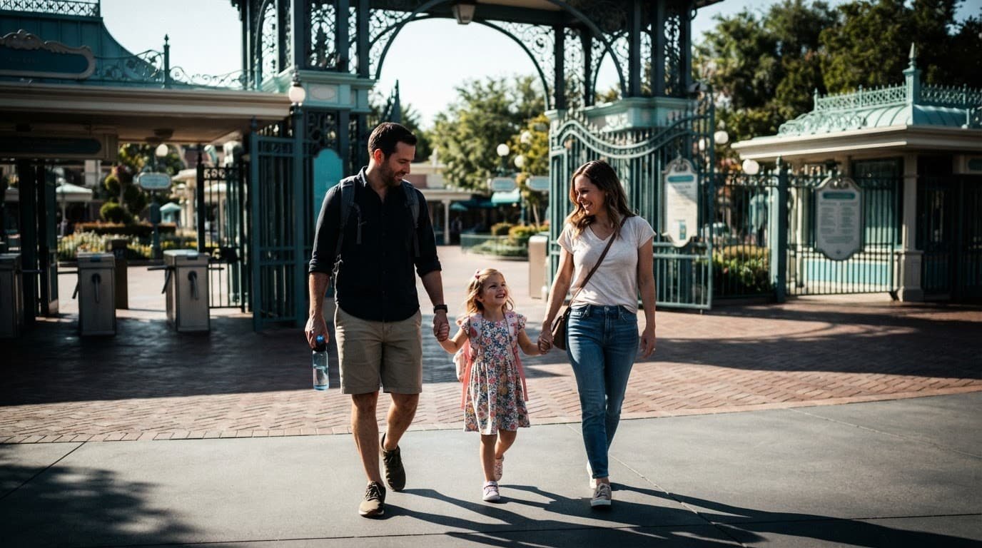 A family of three walking together through a sunny theme park entrance.