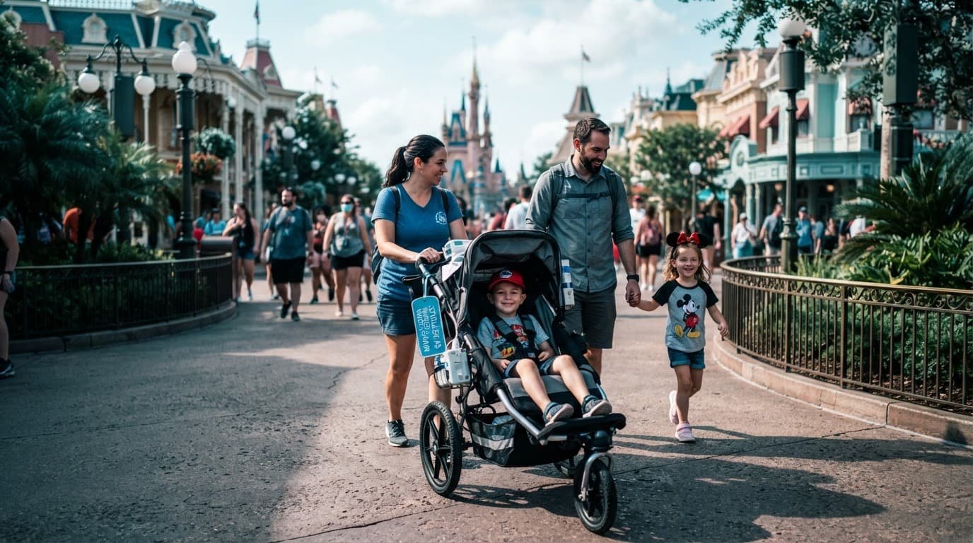 Family walking through a theme park with a specialized medical stroller.