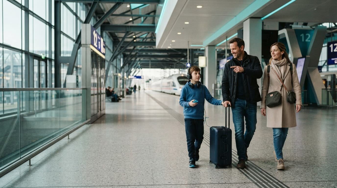 Two parents and their autistic child walk through a bright station with a suitcase and backpack.
