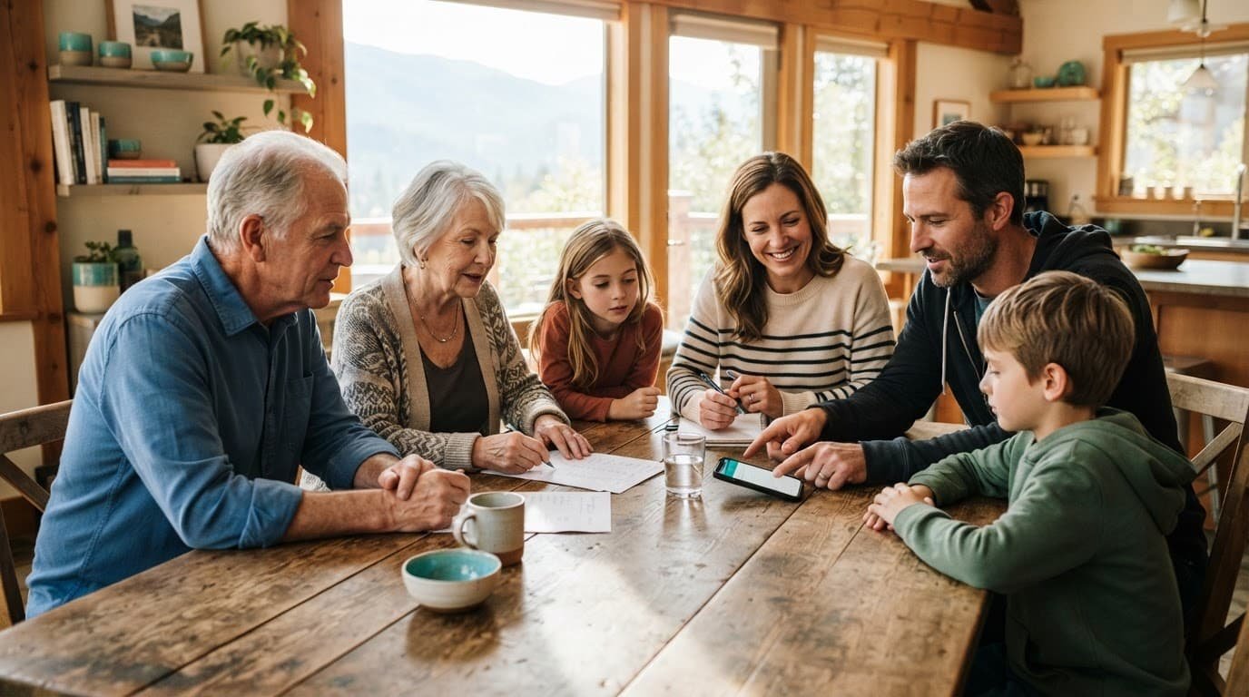 Six family members review a trip budget around a dining table.