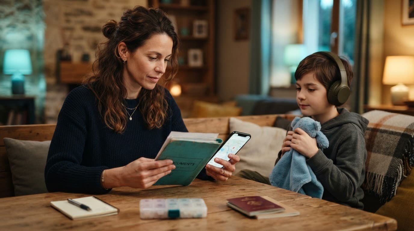 A caregiver checks travel documents while a child with headphones sits nearby.