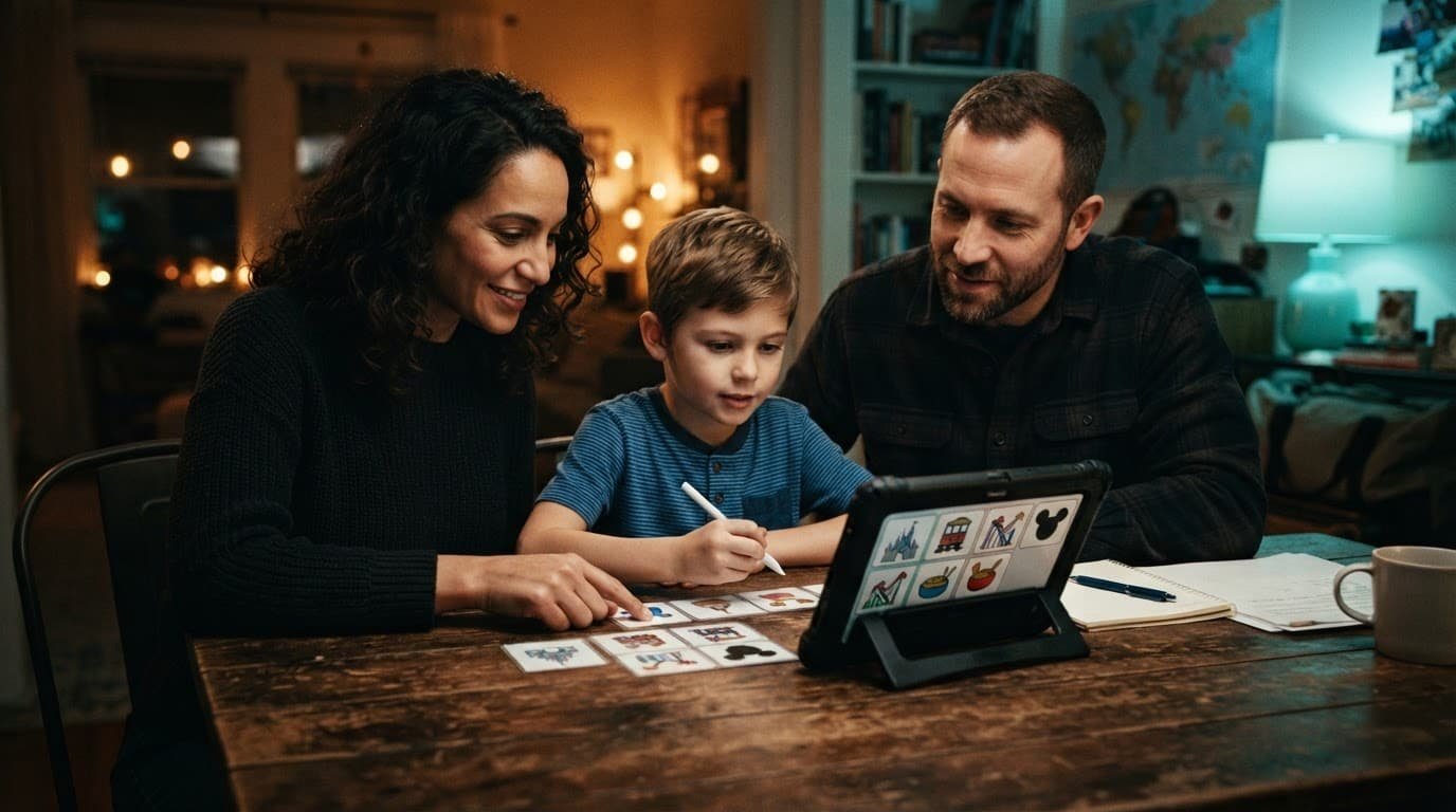 Disney World Autism Communication for Non-Speaking Kids Three people plan a vacation with an AAC tablet and visual schedule cards.