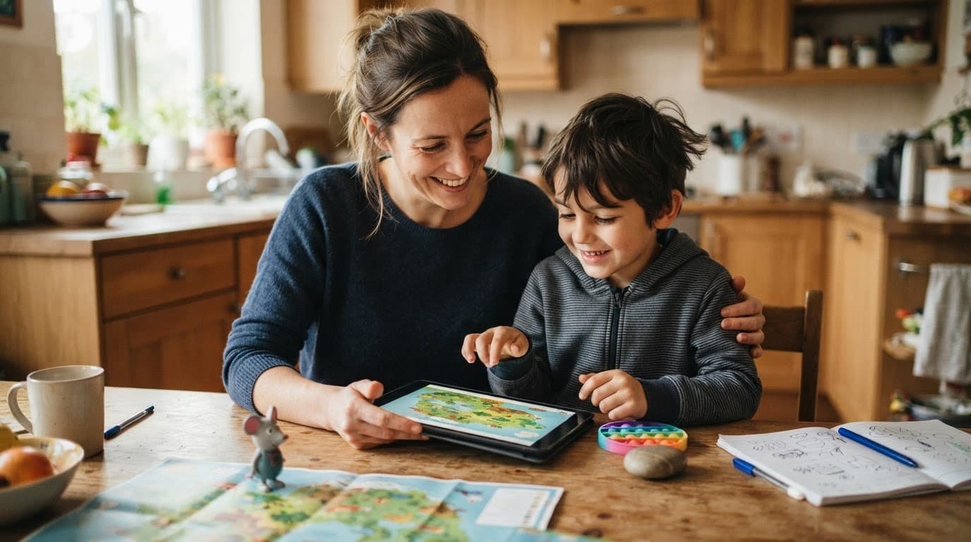 A woman and child plan a vacation together using a tablet at the kitchen table.
