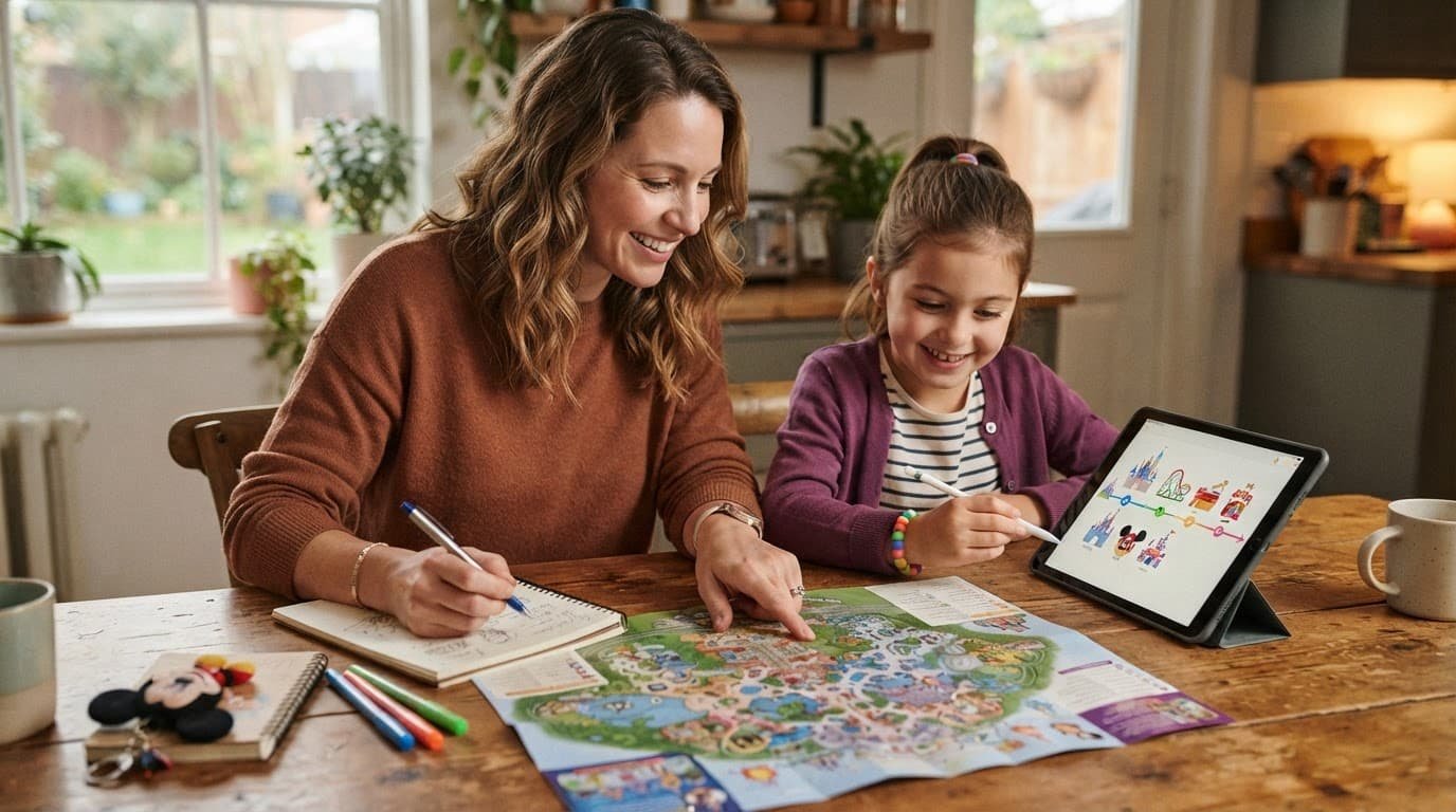 Disney World Autism Communication Plans That Work An adult and child plan a theme park trip with maps and a visual schedule tablet.