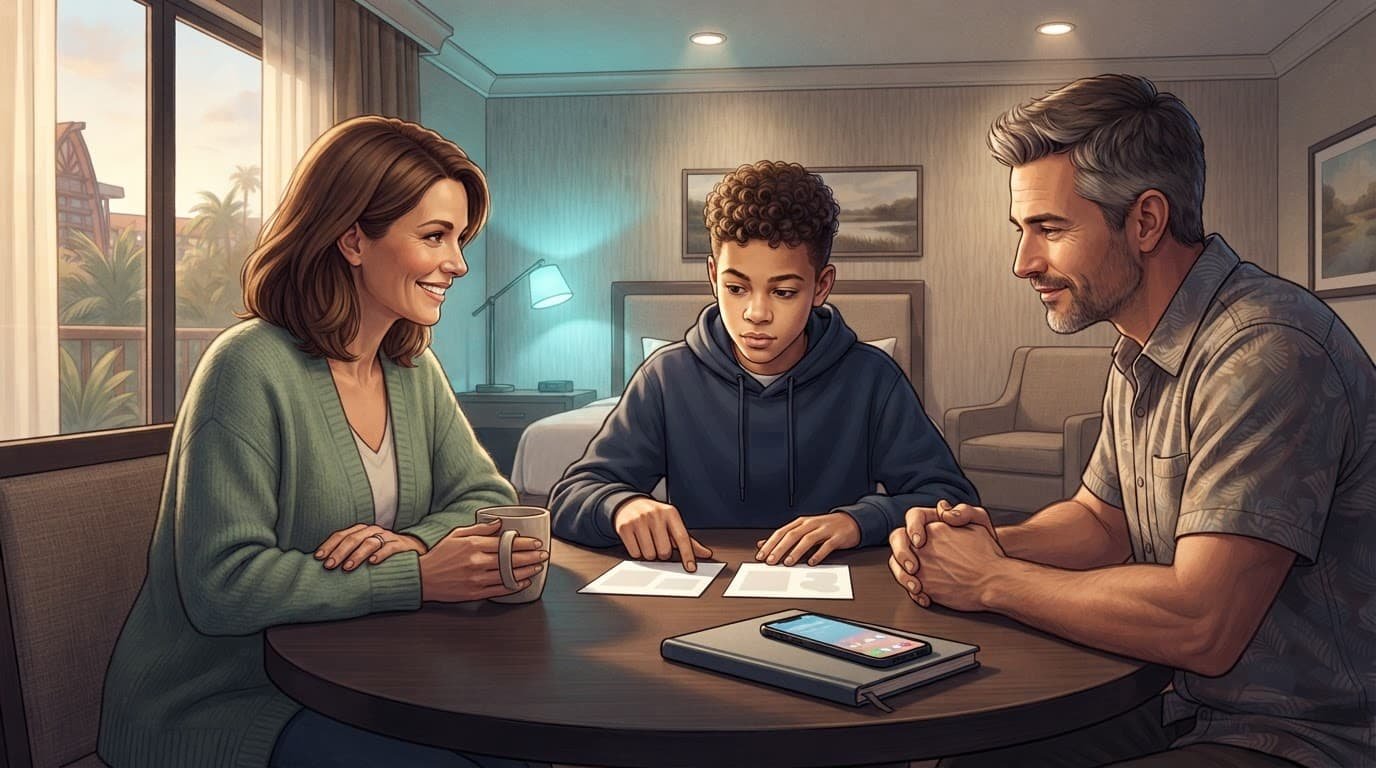 Disney World Autism Planning for PDA Families Three family members review blank vacation cards beside a phone at a softly lit hotel table.