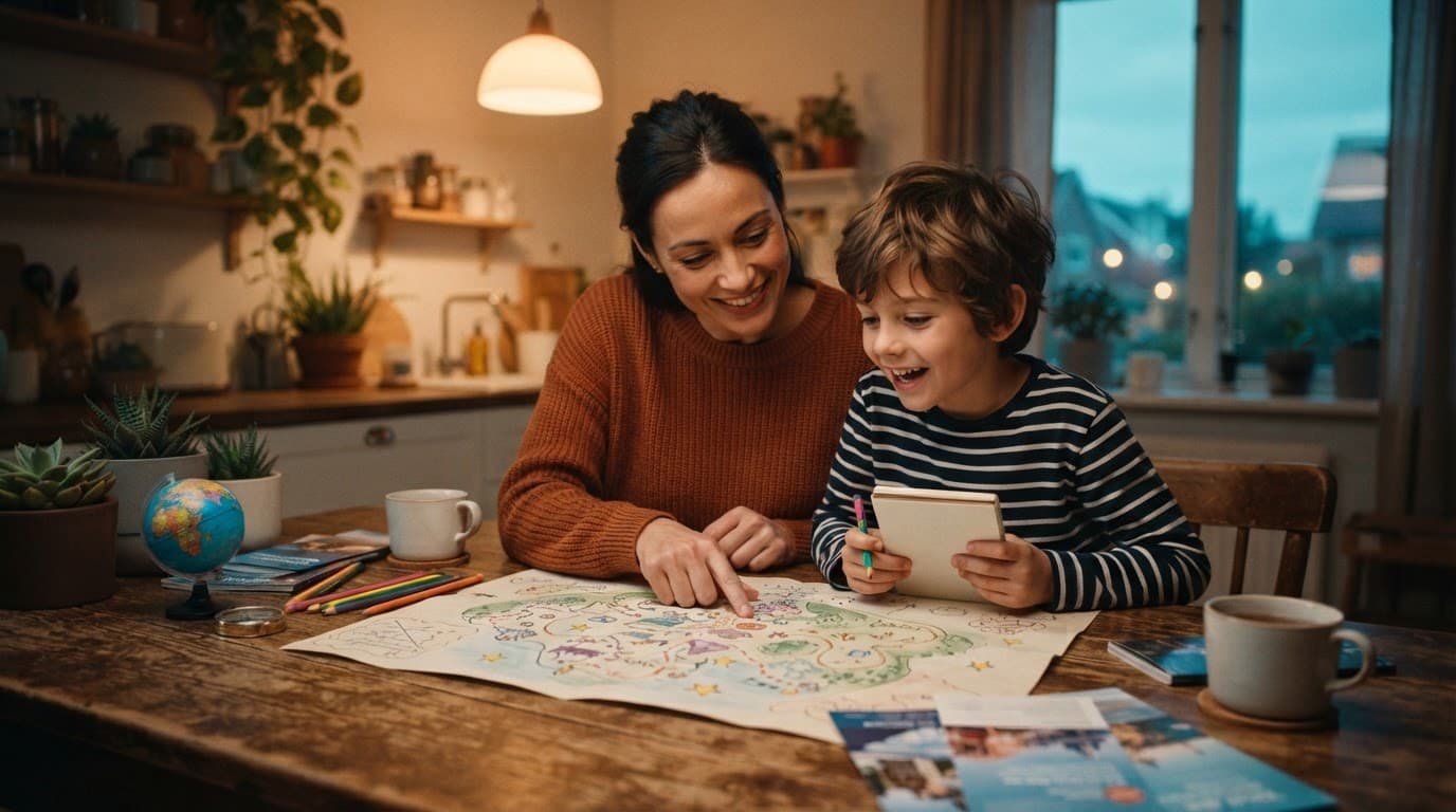 Hollywood Studios Autism Guide for First Disney Families An adult and child plan a vacation together at a warm wooden kitchen table.
