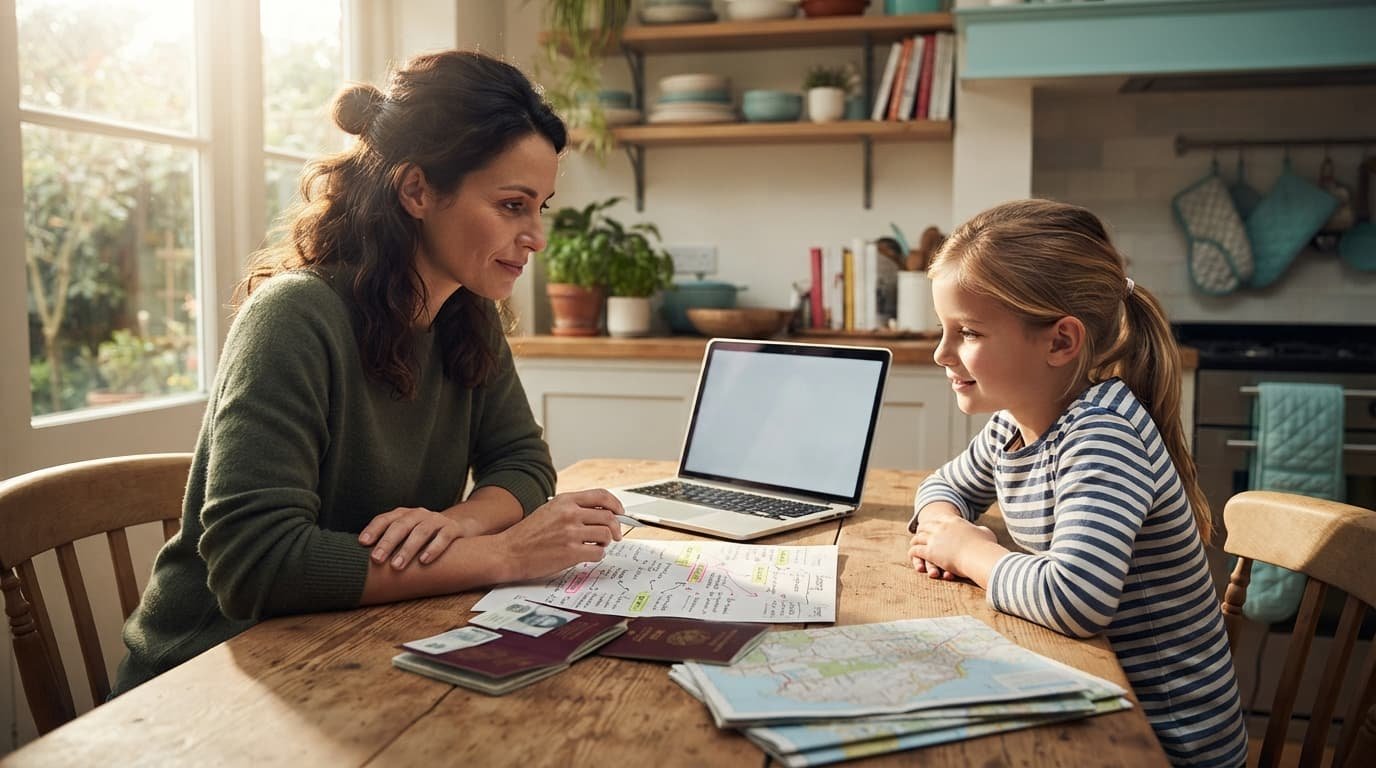 Travel Advisor vs Direct for Complex Family Vacations A parent and child plan a vacation with passports and papers at a kitchen table.