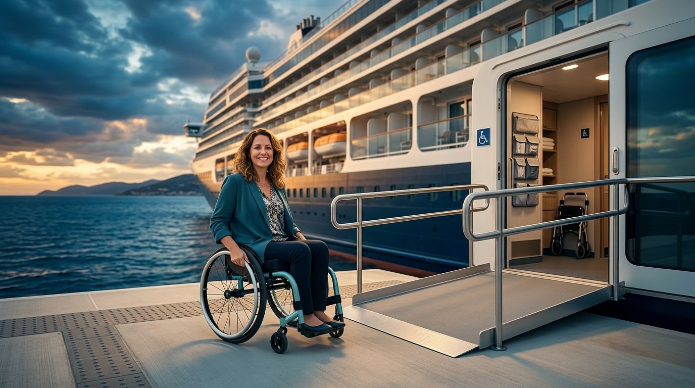Accessible Cruise Planning for a Comfortable Vacation A wheelchair user beside an accessible cruise ship ramp and cabin entrance.