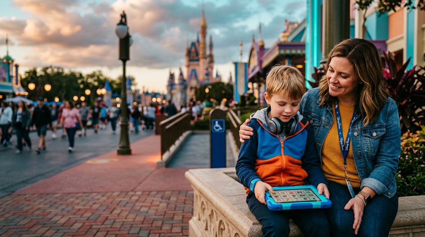 Disney World Autism Communication Plans That Work Child using an AAC tablet beside a supportive parent at a colorful theme park.