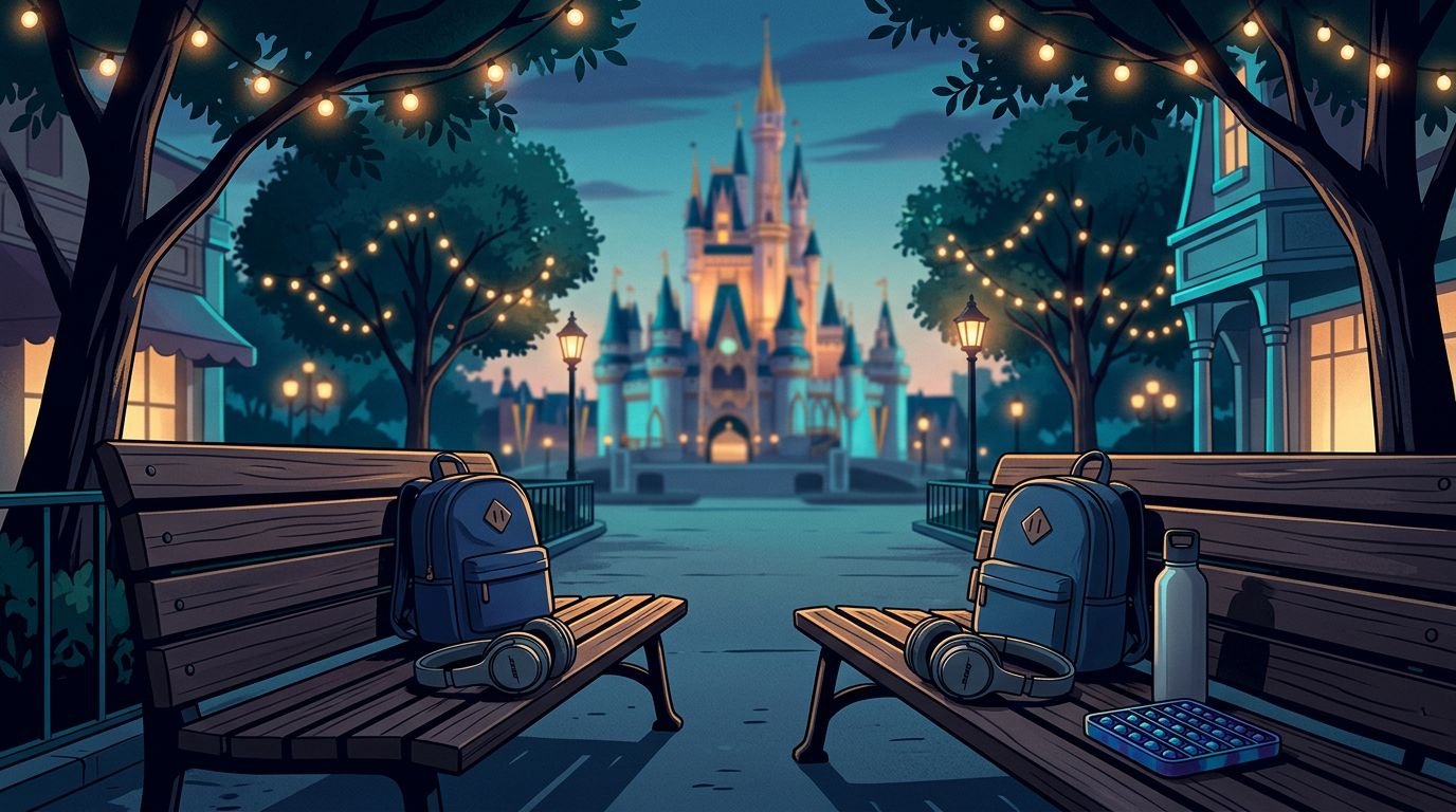 A quiet Disney holiday walkway with sensory tools on a bench and a blurred castle behind it.
