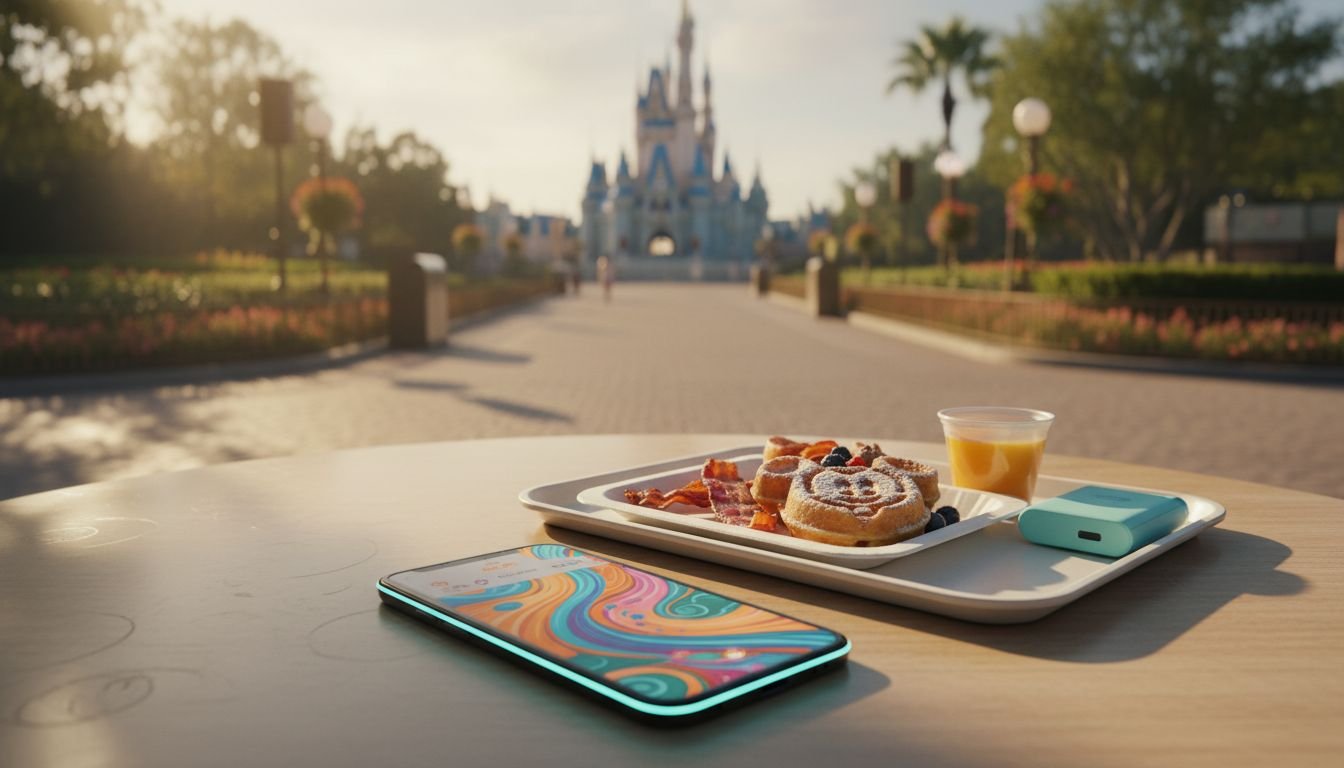 Disney World Mobile Order Guide for Autism Families A smartphone and park meal sit on a shaded table near a quiet theme-park walkway.
