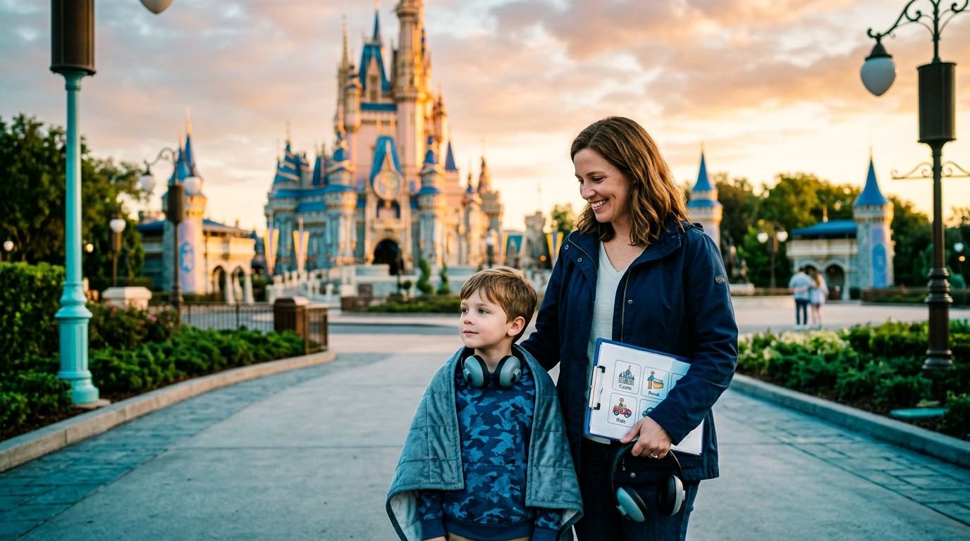 Magic Kingdom Autism Guide for First-Time Disney Families Parent and autistic child near Cinderella Castle with a visual schedule and headphones.