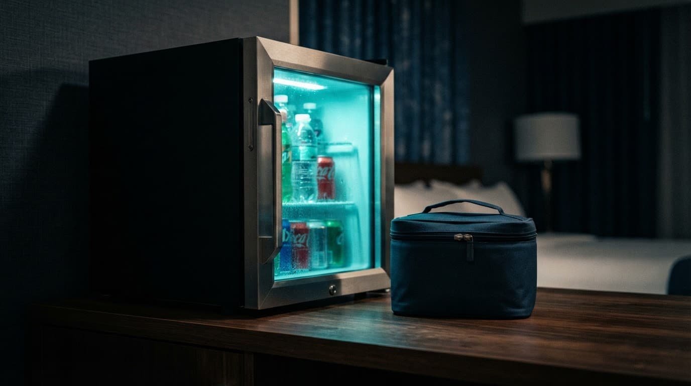 A hotel mini fridge sits beside an insulated medical bag on a wooden counter.