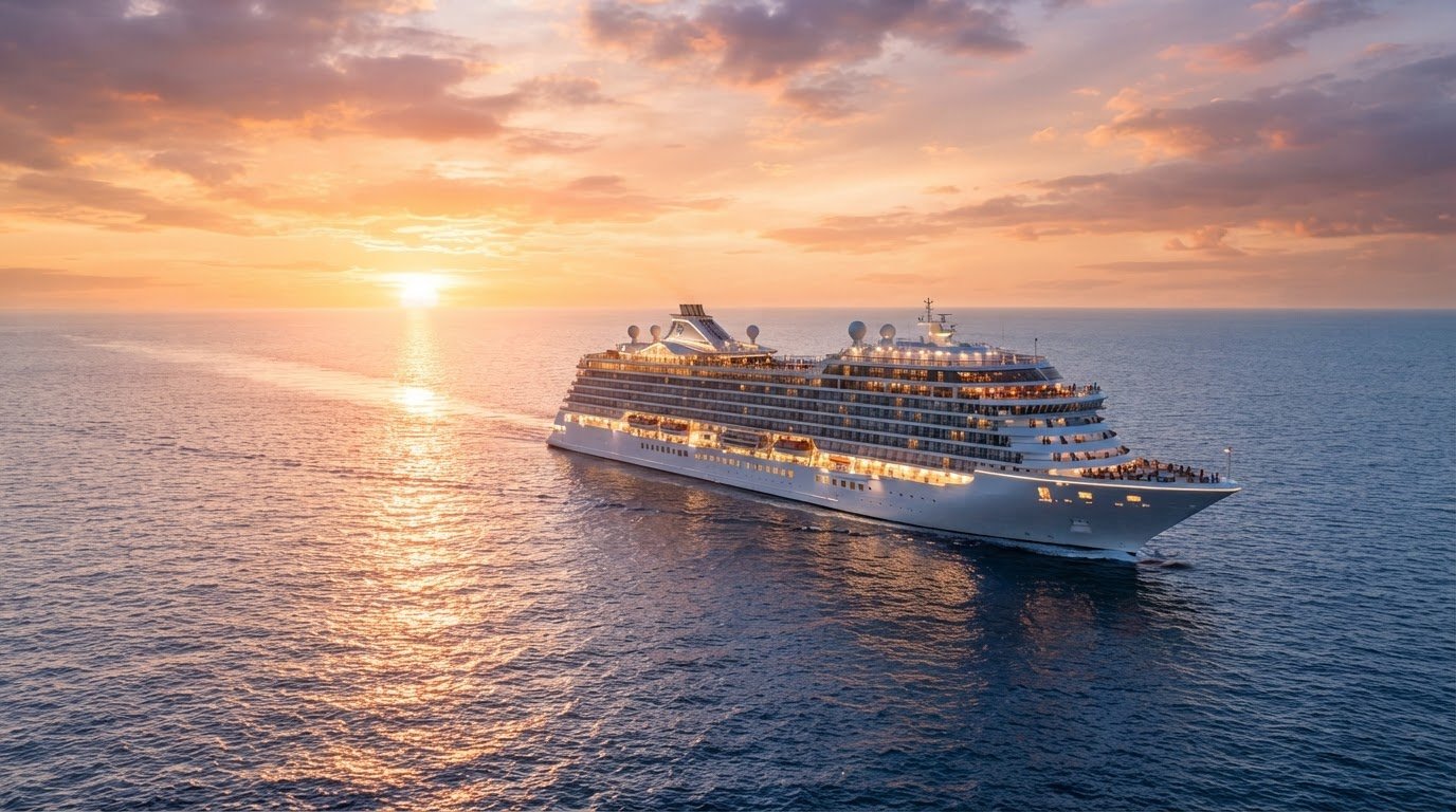Home Cruise ship sailing on the ocean at sunset