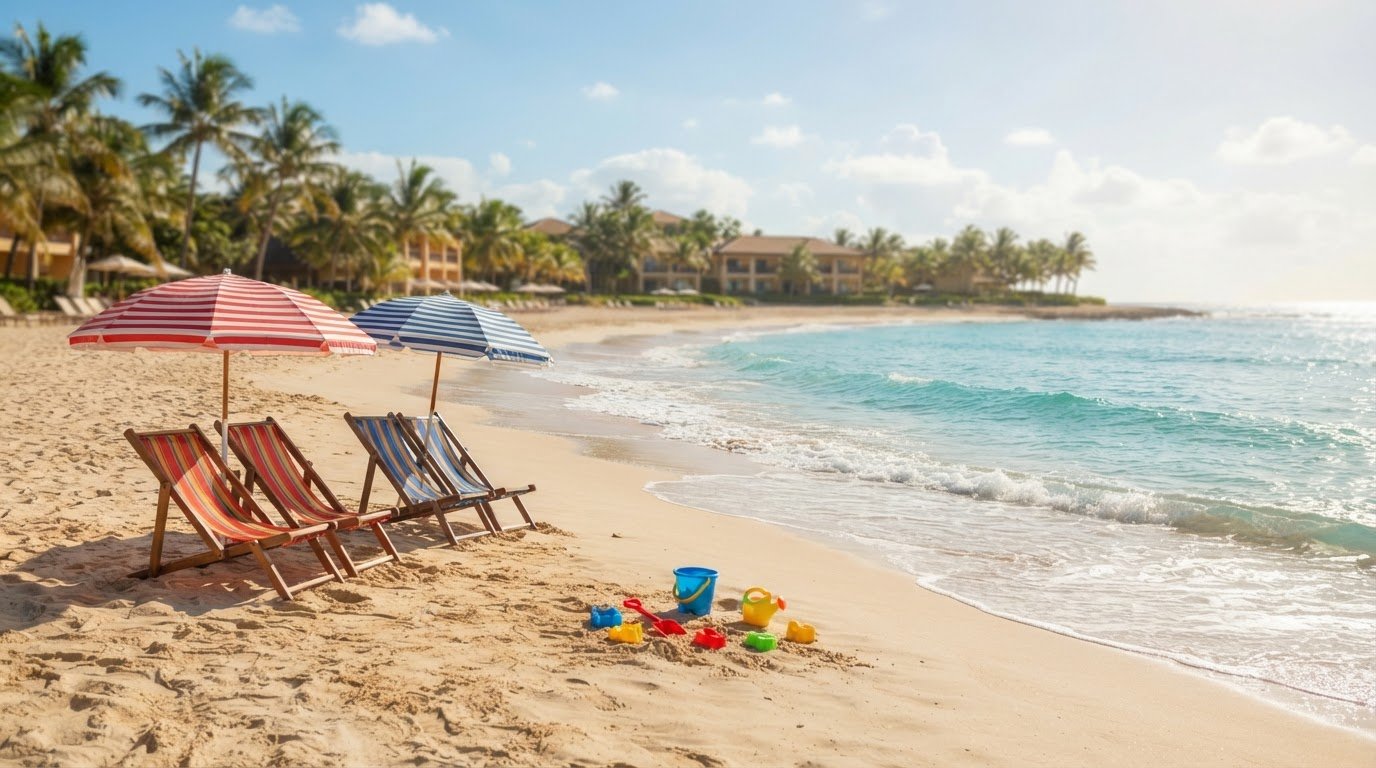 Home Family-friendly beach resort scene with ocean and beach chairs