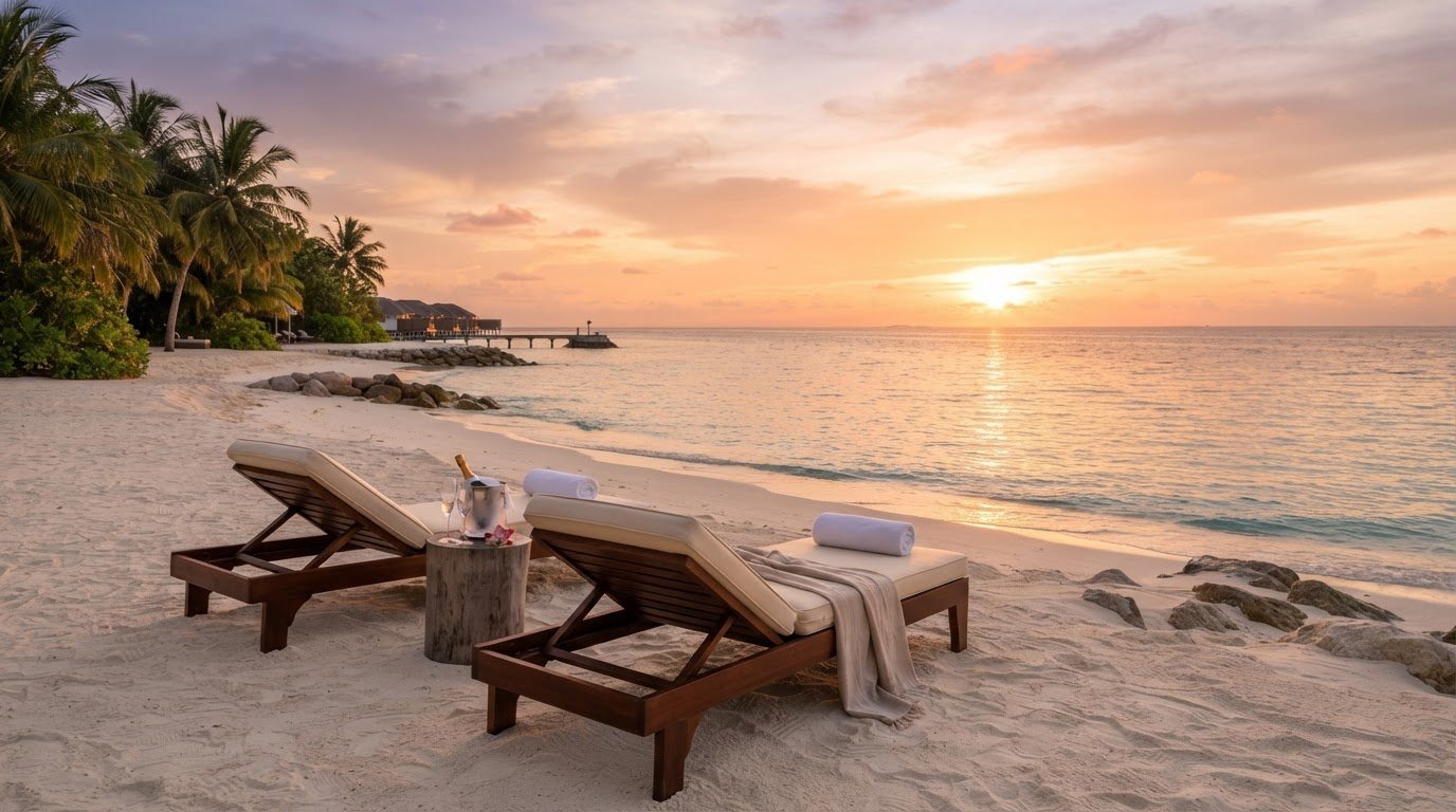 Home Romantic luxury beach resort at sunset for honeymoon travel planning
