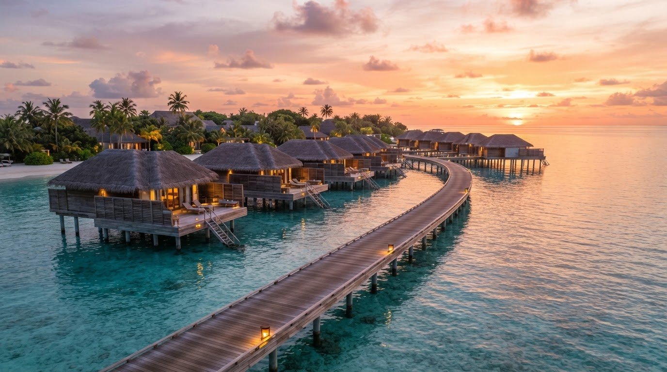 Home Tropical resort getaway with blue ocean and palm trees