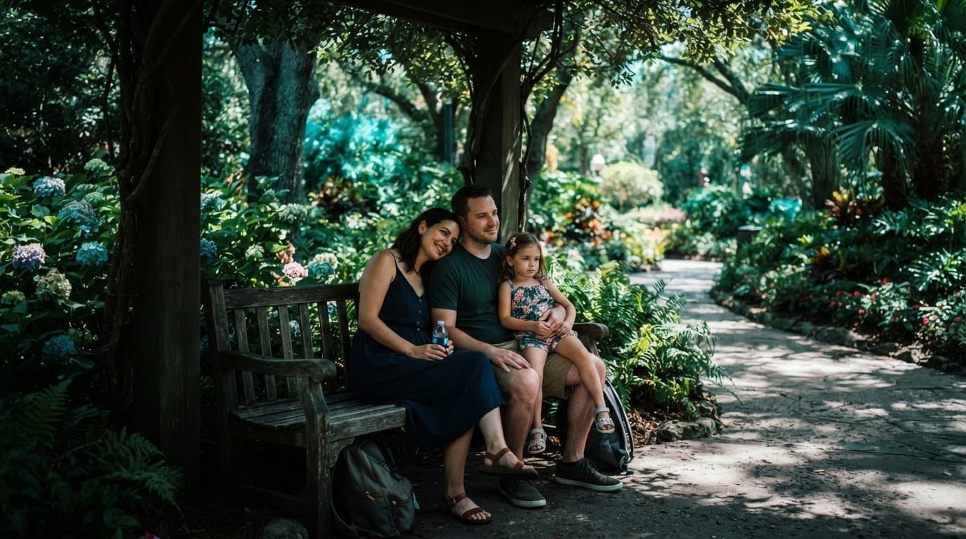 Magic Kingdom Autism Guide for First-Time Disney Families Three people rest on a shaded bench beside a garden.